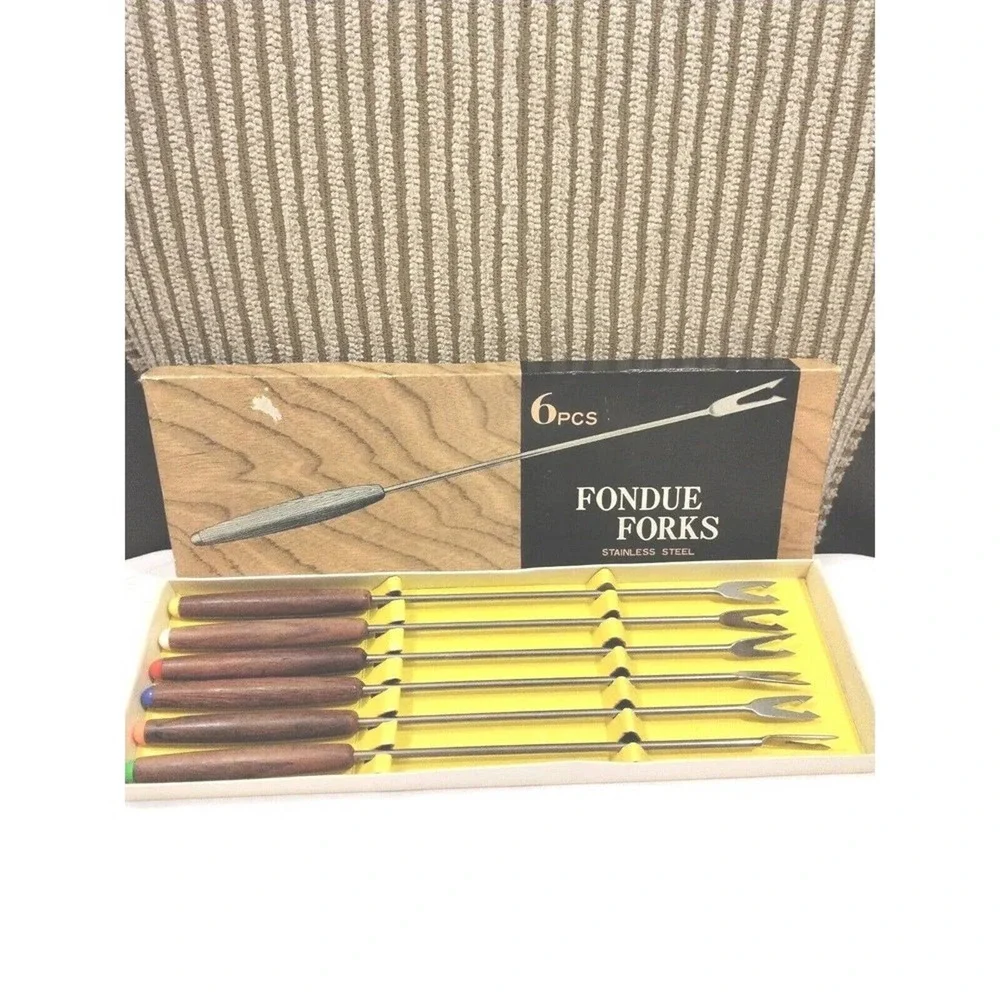 1970s Fondue Forks Set (6 Pieces) MultiColor Stainless Steel New in BOX Vintage